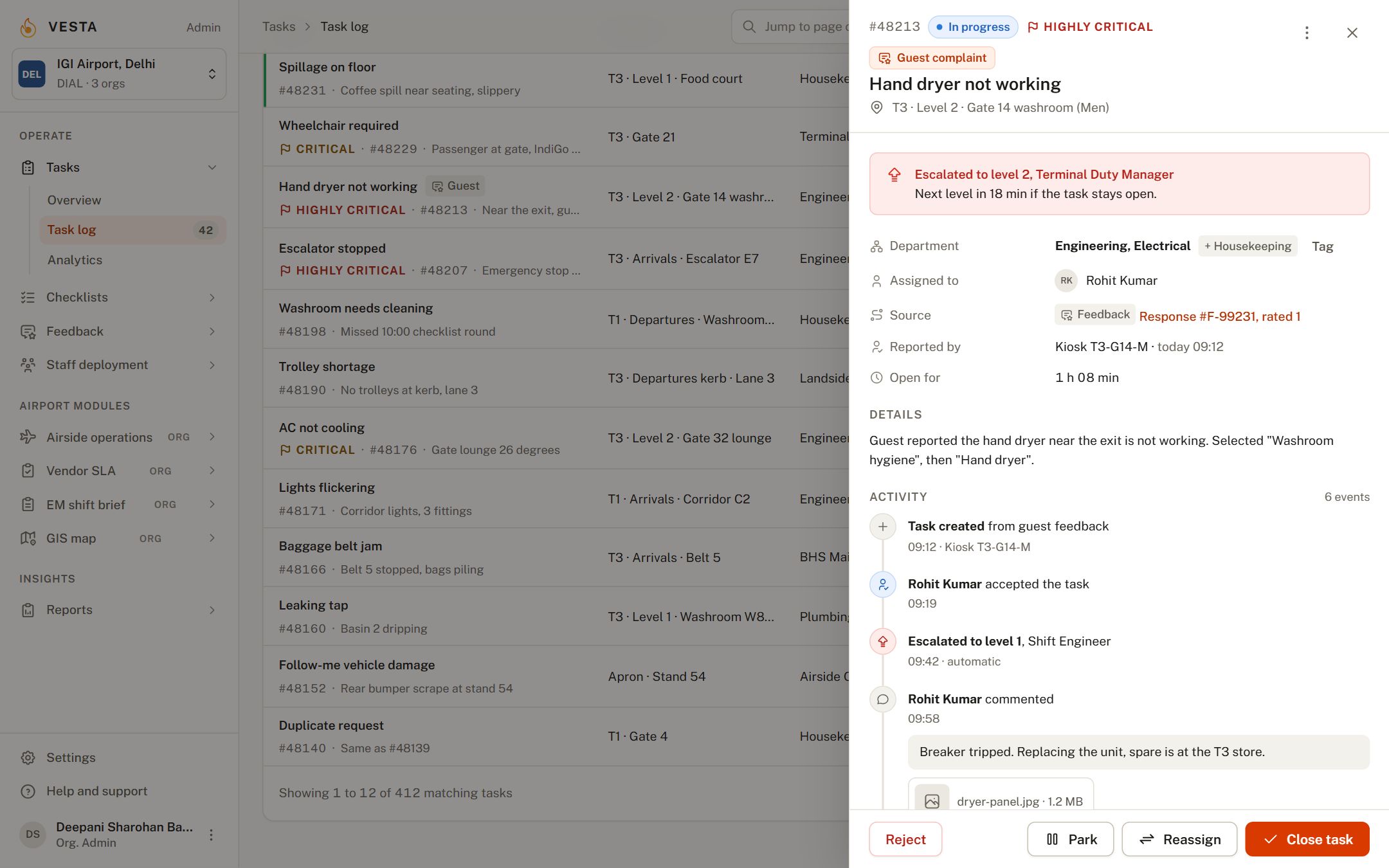 Task log with task #48213 open beside the list: escalated to level 2, source guest feedback, activity trail